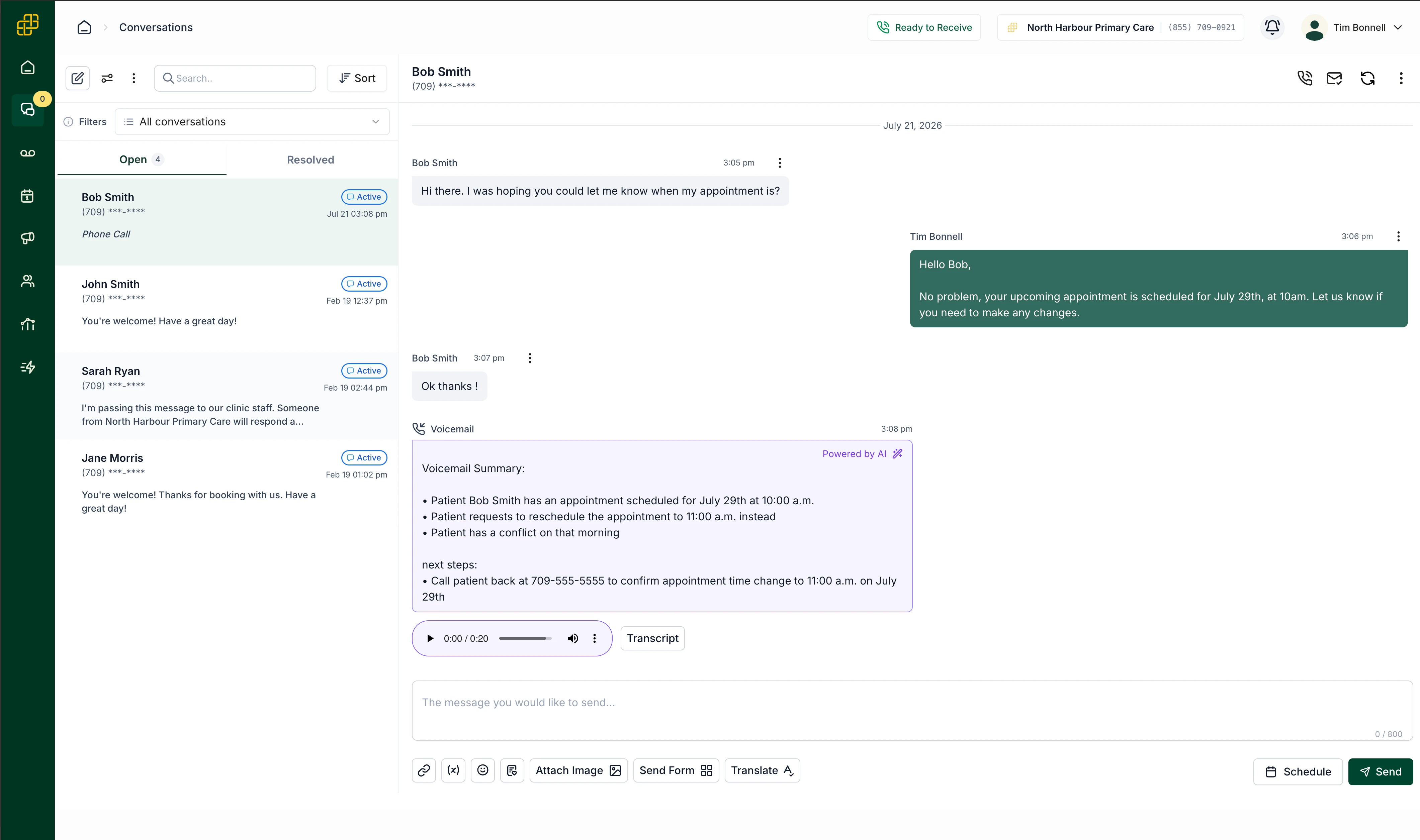 Carrick shared inbox showing a list of open patient conversations, a two-way text thread, and a transcribed voicemail with its summary
