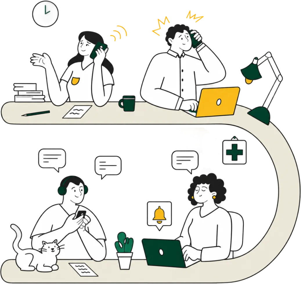 Illustration of clinic front-desk staff handling phone calls and text messages