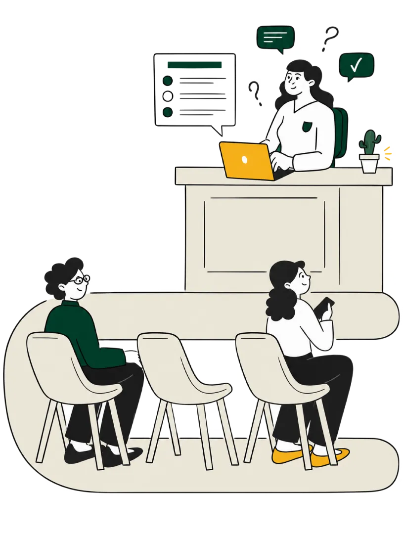 Illustration of a clinic waiting room where a patient completes a form on her phone while the front-desk staff member reviews it on a laptop