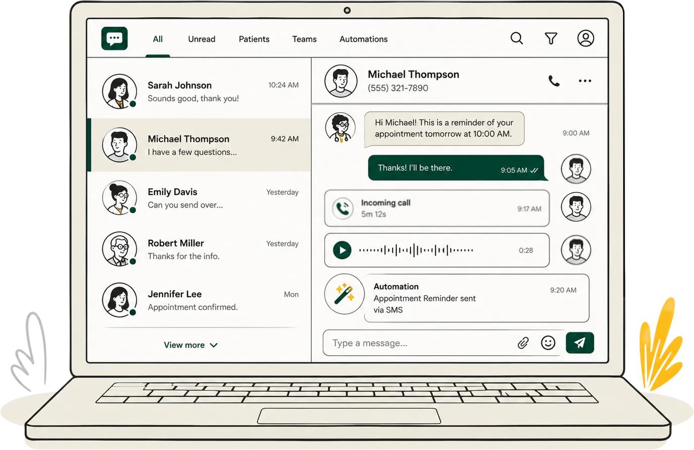 Carrick patient communication inbox showing messages, calls, voicemail, and appointment reminders