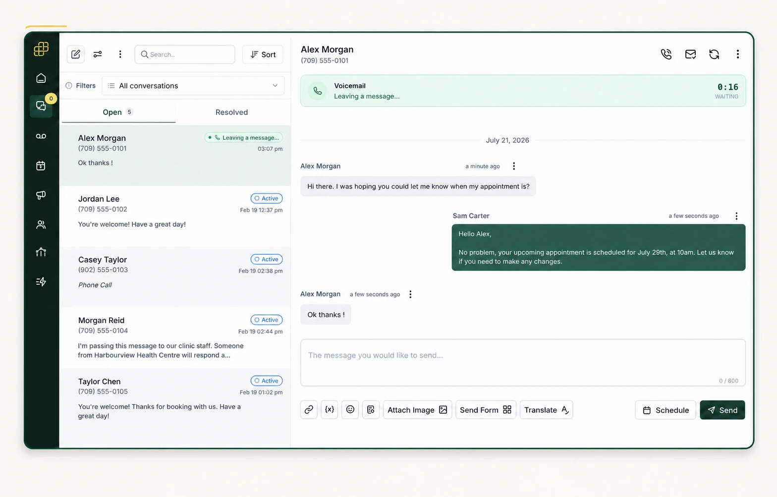 Carrick shared inbox showing a list of patient conversations, a two-way text thread, and a voicemail being left in real time