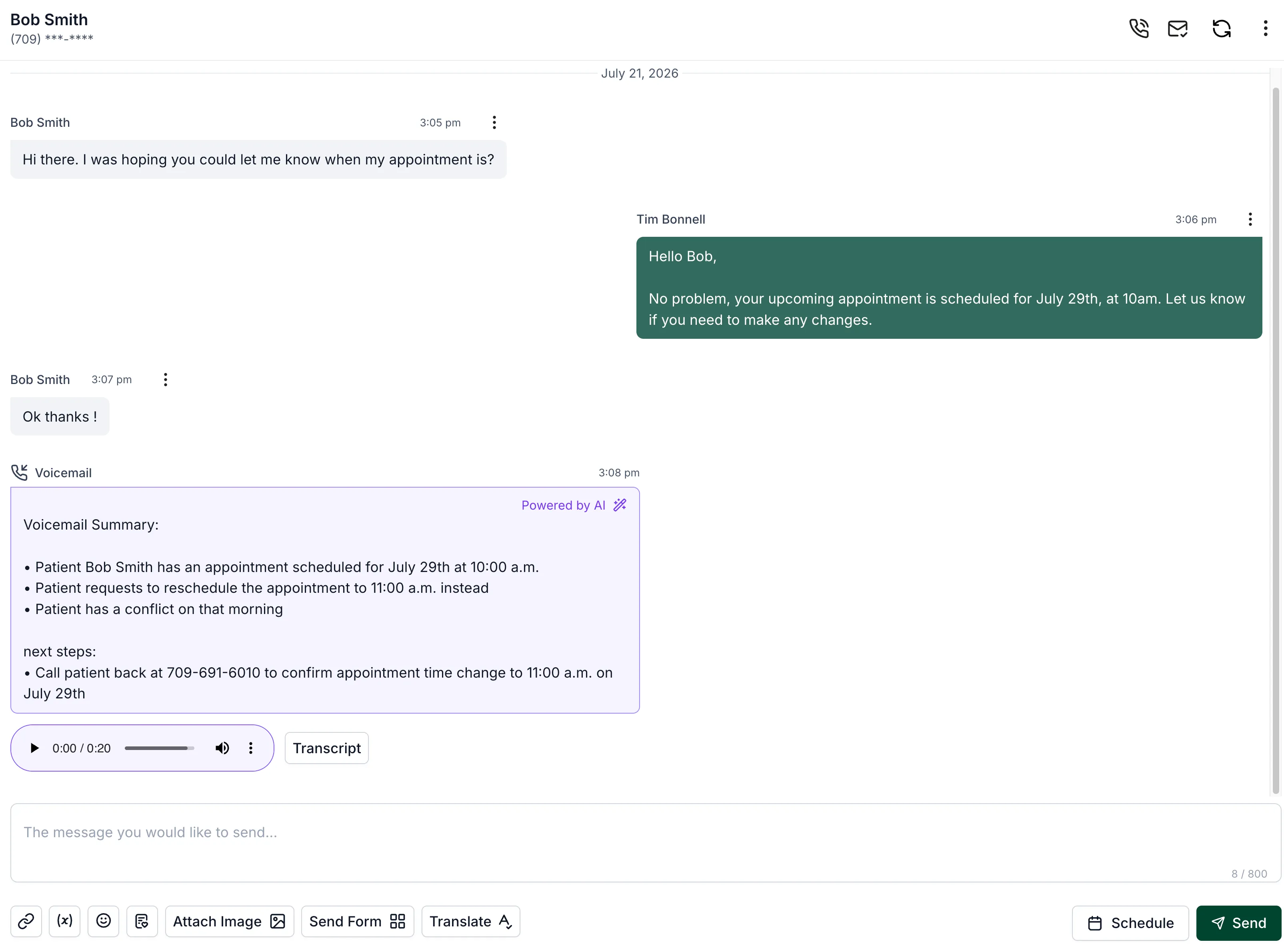 Carrick patient conversation showing appointment messages, an AI voicemail summary, and transcript controls
