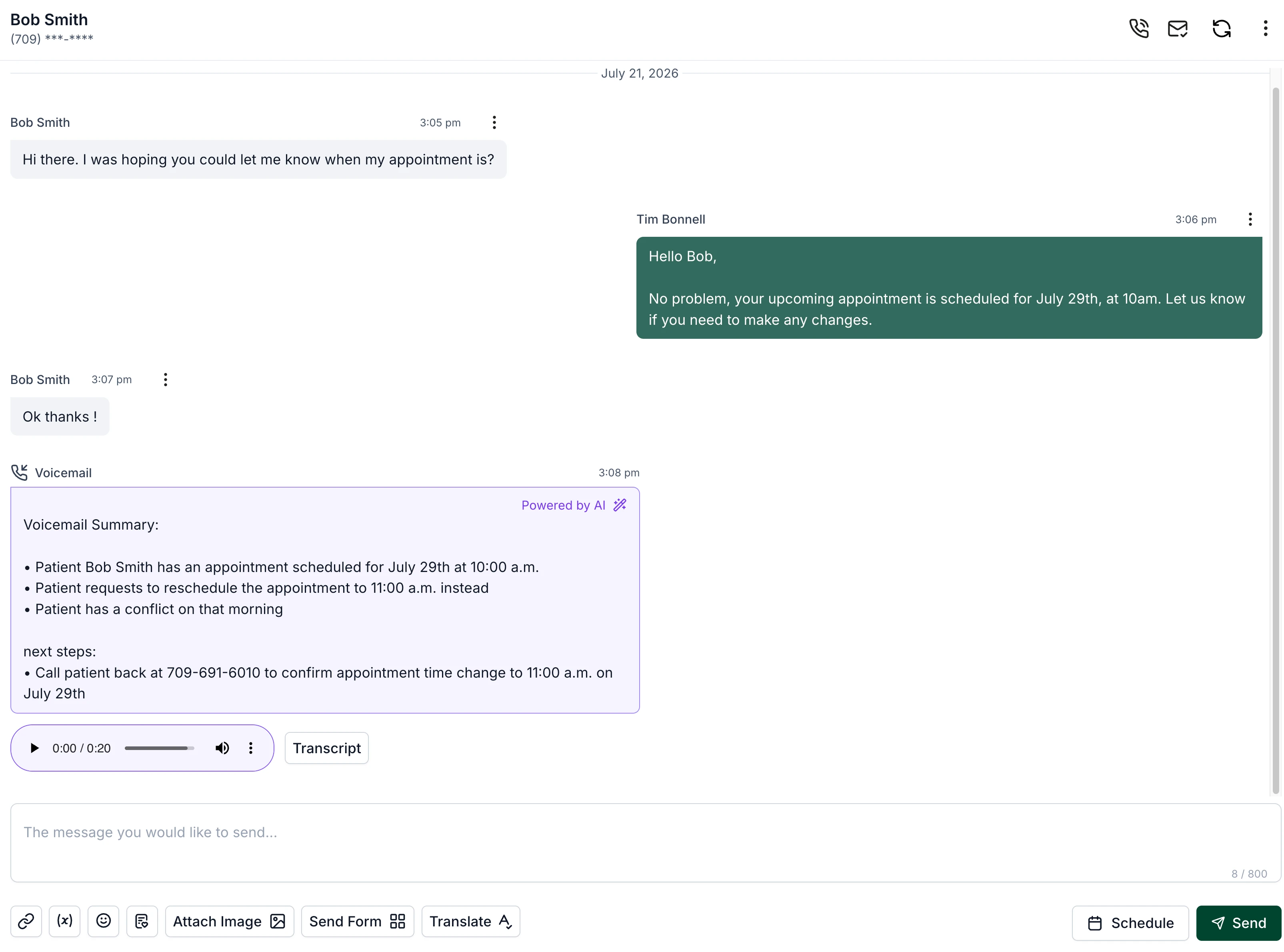 A patient conversation in Carrick showing text messages followed by a transcribed voicemail with its summary, next steps, playback, and transcript